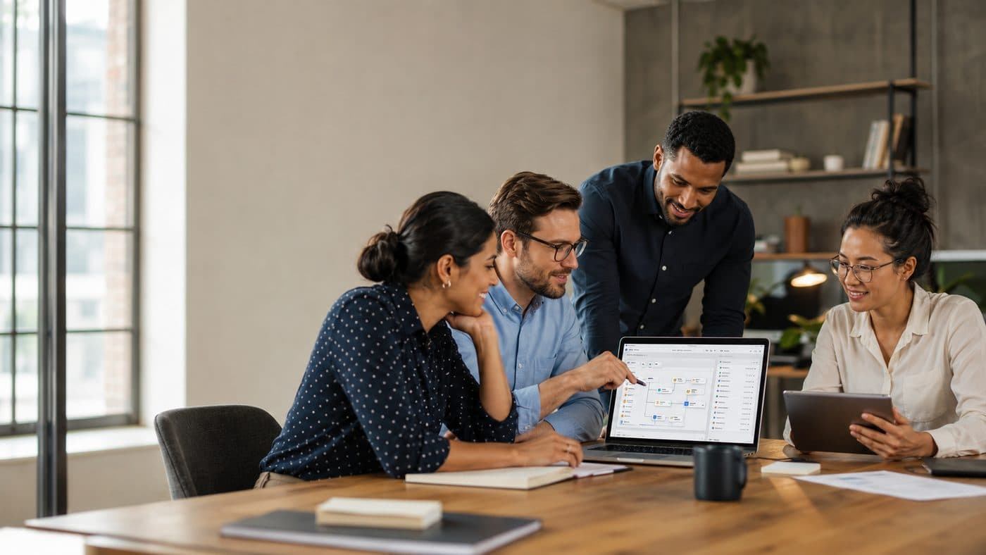 A team reviewing an AI tool draft together around a laptop